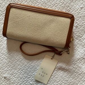 A New Day tan and khaki canvas wristlet/wallet